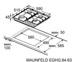 MAUNFELD EGHG.64.63CB2/G  Газовая варочная панель, 4 конфорки, закалённое стекло чёрного цвета,  1 WOK конфорка, ширина 60 см.