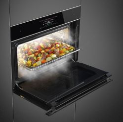 SMEG SF4606WVCPNX Компактный многофункциональный духовой шкаф, комбинированный с пароваркой, SmegConnect, 60 см, высота 45 см, 15 функций, черное стекло, профиль нержавеющая сталь