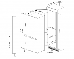 SMEG C8173N1F Встраиваемый комбинированный холодильник, Общий объем 273 л Крепление фасадов – скользящие направляющие