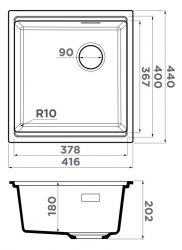 Кухонная мойка Omoikiri Yoru 42-U Side-BL материал Artgranit. Сливное отверстие смещено в угол чаши. Монтаж под столешницу