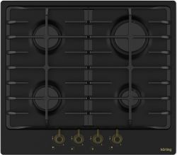 KORTING HG 645 CRN Газовая варочная поверхность 60 см., в ретро-дизайне, коллекция  Calabria, 4 высокоэффективные конфорки, чугунные держатели, Цвет - матовый чрный, цвет ручек - бронза