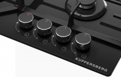 KUPPERSBERG FG 66 B Газовая поверхность, закаленное стекло, ширина 60 см, 4 газовые конфорки, WOK конфорка, автоподжиг, газ-контроль, чугунные решетки, цвет чёрный