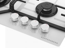 KUPPERSBERG FG 66 W Газовая поверхность, закаленное стекло, ширина 60 см, 4 газовые конфорки, WOK конфорка, автоподжиг, газ-контроль, чугунные решетки, цвет Белый