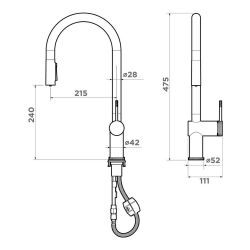 Omoikiri Tahara-SB-GB Кухонный смеситель, 3в1 - Подключение к фильтру, Подача фильтрованной воды осуществляется нажатием на кнопку на изливе смесителя. Режим - струя/ Душ, Вытяжной шланг.
