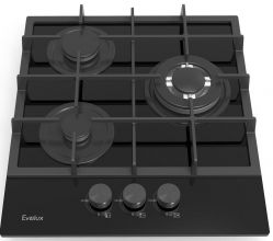 Evelux HEG 425 BG Газовая поверхность из закалённого стекла, WOK-конфорка, ширина 45 см, газ контроль, эл. поджиг, цвет - чёрный