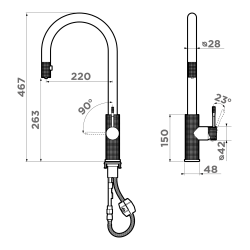Omoikiri ASAKAWA-S-GB Кухонный смеситель, 3в1 - Подключение к фильтру, Подача фильтрованной воды осуществляется нажатием кнопке, на изливе. Вытяжной шланг.