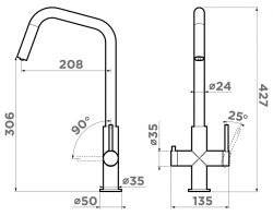 Смеситель Omoikiri MIYAKO-GM Подключение к фильтру, ультра тонкий корпус