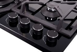 KORTING HGG 6919 CTN Газовая варочная панель из закаленного стекла, ширина 60 см, 4 высокоэффективные конфорки, сверхмощная конфорка WOK, автоматический электроподжиг, газ-контроль, цвет - чёрный