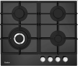 Evelux HEG 655 BG Газовая поверхность из закалённого стекла, WOK-конфорка, ширина 60 см, газ контроль, эл. поджиг, цвет - чёрный